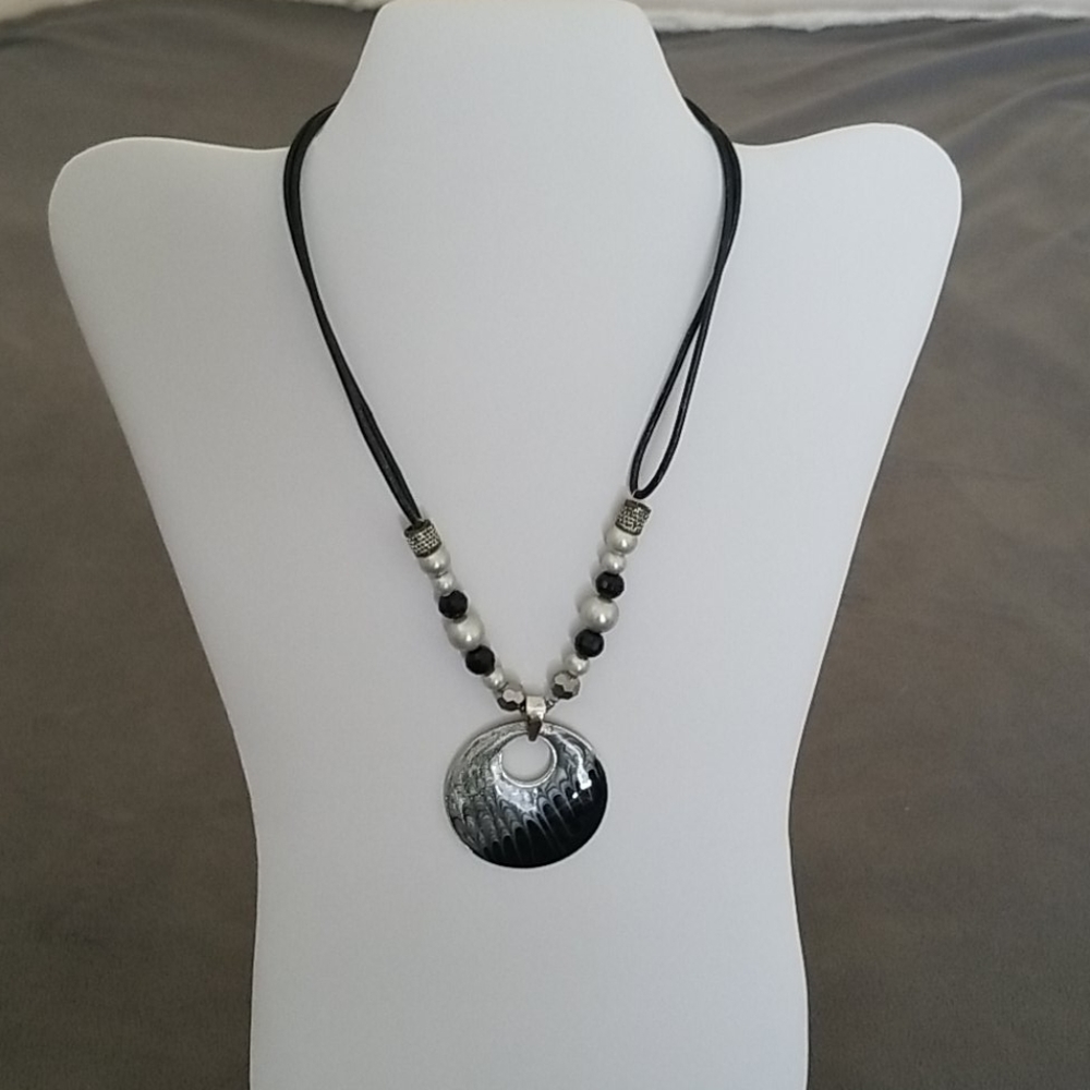 Black and White Pendant Cord Necklace